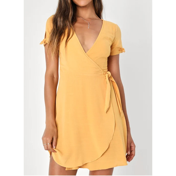 Lulus My Philosophy Golden Yellow Wrap Dress Tie Sleeves Mini Mustard Size XS - Picture 1 of 13
